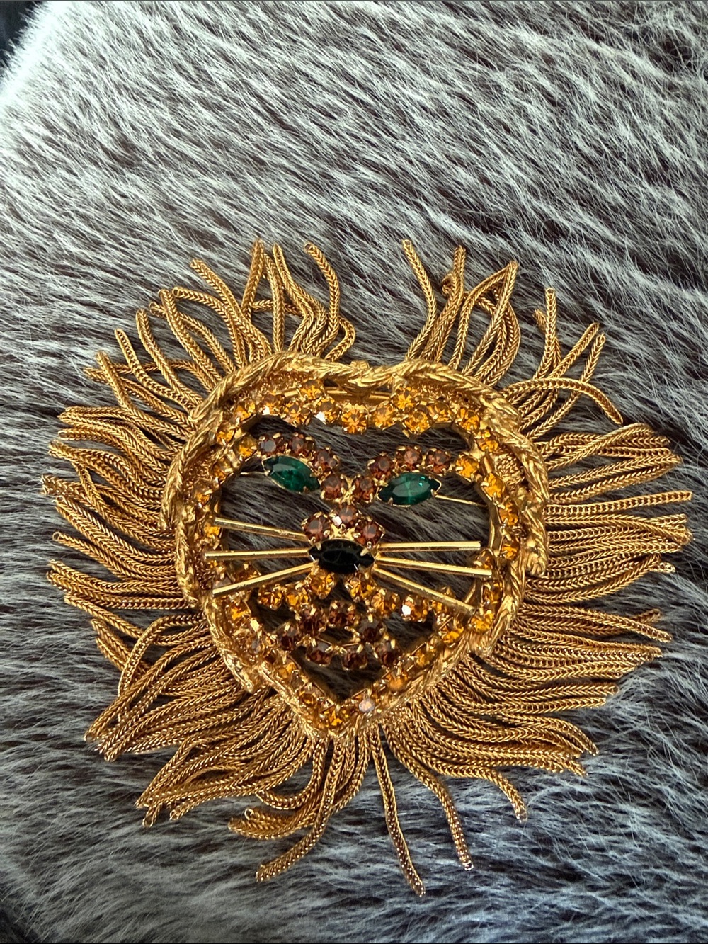 Gold-Tone Lion Face Statement Brooch with Green Accent Stones